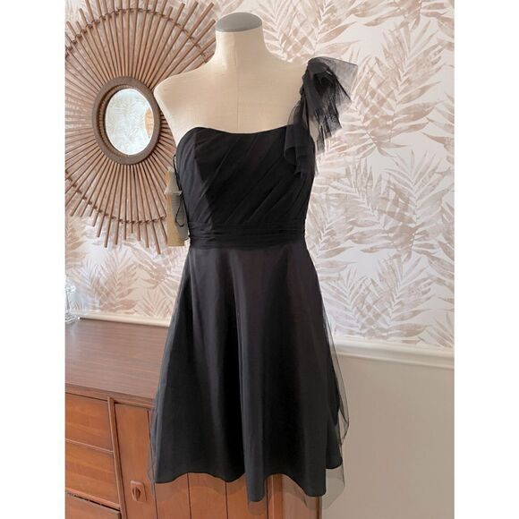 🆕 NWT Alfred Angelo One Shoulder Black Fit-n-Flare Dress Size 6 - Picture 2 of 9